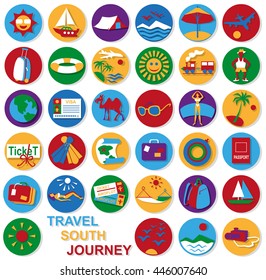 bright colored icons on white background in circles to the theme of the journey