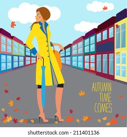 Bright colored illustration with autumn fashionable girl standing at the street