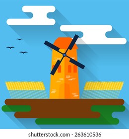 bright colored illustration with cartoon windmill and wheat in trendy flat style with long shadows isolated on blue cover for use in design.