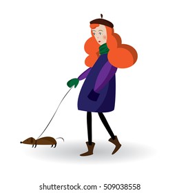 Bright colored illustration with fashion red-haired girl and dog walking in autumn for use in design for card, invitation, poster, banner, placard or billboard cover. Woman in stylish coat