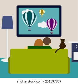 bright colored illustration in a trendy flat style with couple and cat watching film on television sitting on the couch in the room