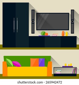 bright colored illustration in trendy flat style with long shadows with room interior for use in design for for card, invitation, poster, banner, placard or billboard cover.
