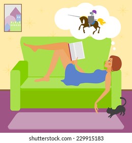 bright colored illustration with young girl reading a fascinating book lying on the sofa, and dreaming of a knight on a horse