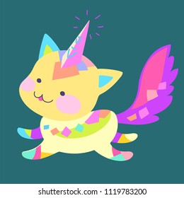 Bright colored kitten with fluffy tail runs, vector illustration
