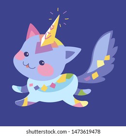Bright colored kitten with fluffy tail runs. Cute kawaii cartoon magic animal. Colorful vector illustration for kids designs, posters, cards.