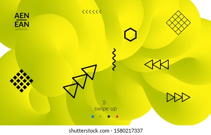 Bright colored landing page templates with 3D liquid shape on white and simple black geometric shapes. Fluid color banners set. Creative 3D blend shapes dynamic composition.