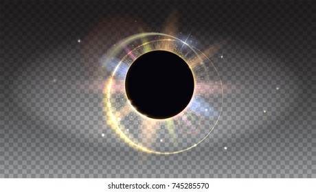 Bright and colored light rays and lens flare backdrop. Solar eclipse, astronomical phenomenon - full sun eclipse. Star burst with sparkles. Horizontal, Isolated on transparent.
