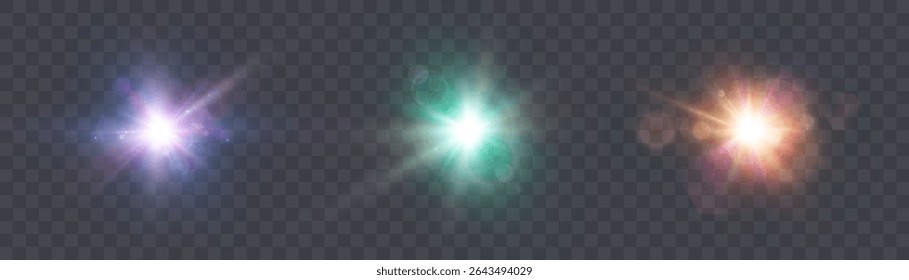 Bright colored light reflections with lens effect and diffused glow. Transparent background, realistic glow and colored rays.