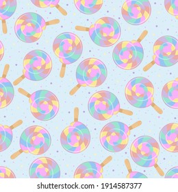 Bright colored lollipop. Rainbow spiral ball and sweet sprinkling. Seamless background for kids clothes.