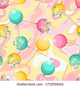 Bright colored lollipop. Sweet dessert for kids. Candy on a stick. Pink, blue, yellow balls. Seamless background with pattern.