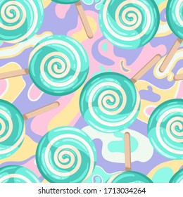 Bright colored lollipop. Sweet dessert for kids. Candy on a stick. Blue spiral. Seamless background with pattern.