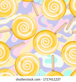 Bright colored lollipop. Sweet dessert for kids. Candy on a stick. Yellow spiral ball.Seamless background with pattern.