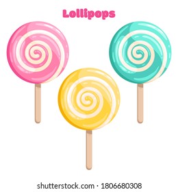 Bright Colored Lollipop. Sweet Dessert For Kids. Candy On A Stick. Pink, Blue, Yellow Spiral. Isolated Cartoon Illustration Clipart Set On White Background