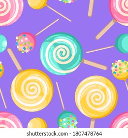 Bright colored lollipop. Sweet dessert for kids. Candy on a stick. Rainbow, pink, blue, yellow spiral ball. Seamless background with pattern.