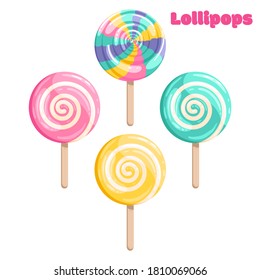 Bright Colored Lollipop. Sweet Dessert For Kids. Candy On A Stick. Rainbow, Pink, Blue, Yellow Spiral Ball. Isolated Cartoon Illustration
