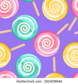 Bright colored lollipop. Sweet dessert for kids. Candy on a stick. Rainbow, pink, blue, yellow spiral ball. Seamless background with pattern.