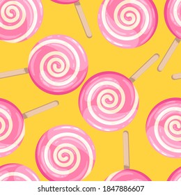 Bright colored lollipop. Sweet dessert for kids. Candy on a stick. Pink spiral. Seamless background with pattern.