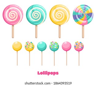 Bright colored lollipop. Sweet dessert for kids. Candy on a stick. Rainbow, pink, blue, yellow spiral ball. Isolated cartoon illustration