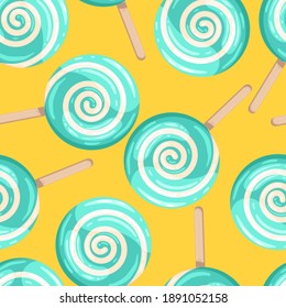 Bright colored lollipop. Sweet dessert for kids. Candy on a stick. Blue spiral ball. Seamless background with pattern.