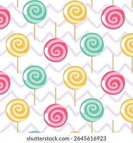 Pirulito de cor clara. Doce sobremesa para crianças. Doce em uma vara. Bola espiral rosa, azul, amarela. Padrão de plano de fundo uniforme. Ilustração vetorial