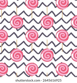 Pirulito de cor clara. Doce sobremesa para crianças. Doce em uma vara. Bola espiral rosa, azul, amarela. Padrão de plano de fundo uniforme. Ilustração vetorial