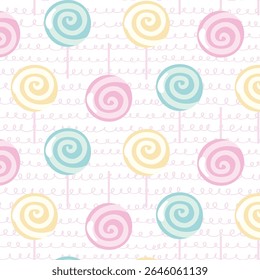 Bright colored lollipop. Sweet dessert for kids. Candy on a stick. Pink, blue, yellow spiral ball. Seamless background pattern. Vector illustration