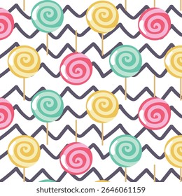 Bright colored lollipop. Sweet dessert for kids. Candy on a stick. Pink, blue, yellow spiral ball. Seamless background pattern. Vector illustration