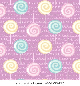 Bright colored lollipop. Sweet dessert for kids. Candy on a stick. Pink, blue, yellow spiral ball. Seamless background pattern. Vector illustration