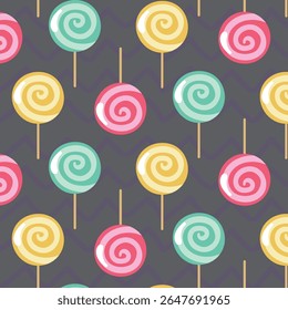 Bright colored lollipop. Sweet dessert for kids. Candy on a stick. Pink, blue, yellow spiral ball. Seamless background pattern. Vector illustration