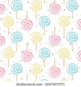 Bright colored lollipop. Sweet dessert for kids. Candy on a stick. Pink, blue, yellow spiral ball. Seamless background pattern. Vector illustration