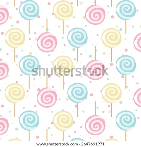 Bright colored lollipop. Sweet dessert for kids. Candy on a stick. Pink, blue, yellow spiral ball. Seamless background pattern. Vector illustration