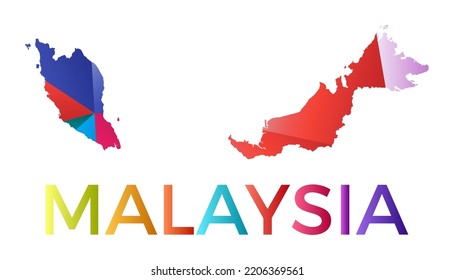 Bright colored Malaysia shape. Multicolor geometric style country logo. Modern trendy design. Authentic vector illustration.