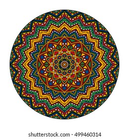 Bright colored mandala print template for fabric and paper. Hand drawn round ornamental pattern. Summer fashion. Vector abstract illustration.