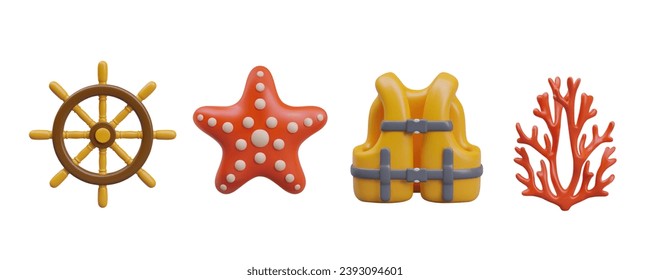 Bright colored marine icons. Realistic wooden ship rudder, red starfish, yellow inflatable life jacket, branch coral. Isolated illustrations for creative design