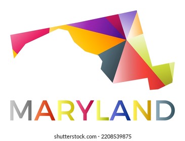 Forma de Maryland de colores vivos. Estilo geométrico multicolor logotipo de estado de ee.uu. Diseño moderno y de moda. Ilustración vectorial moderna.