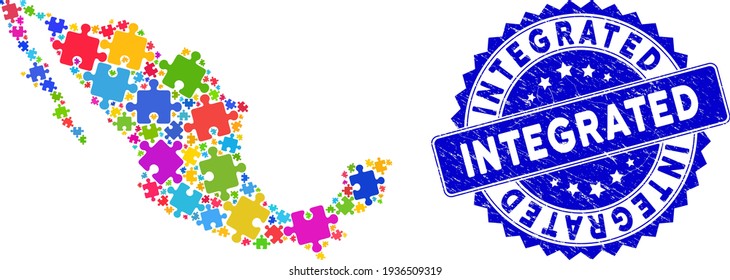 Bright colored Mexico mosaic map combined with puzzle piece items, and Integrated grunge stamp. Vector puzzle piece scattered flat bright colored icons are united into mosaic map of Mexico.
