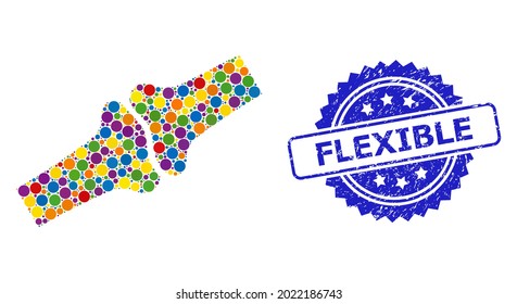 Bright colored mosaic bone joint, and Flexible grunge rosette seal print. Blue stamp seal includes Flexible text inside rosette. Vector spheric spots are composed into abstract mosaic bone joint icon.