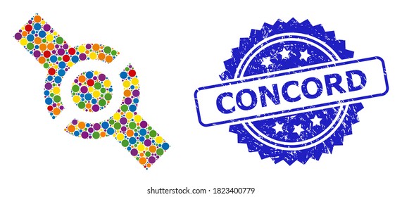 Conector de mosaico de color claro y sello de sello de rosette texturado de Concord. El sello azul incluye el texto Concord dentro de la roseta. Los puntos de círculo vectorial se combinan en un icono de conector de mosaico abstracto.