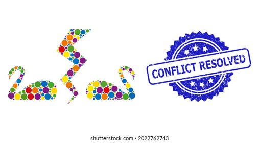 Bright colored mosaic divorce swans, and Conflict Resolved rubber rosette stamp. Blue stamp contains Conflict Resolved tag inside rosette.