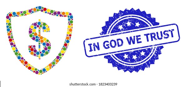 Protección en dólares de mosaico brillante de color, y en Dios Confiamos en el sello corroido de rosette. El sello azul contiene el título In God We Trust dentro de la rosette.