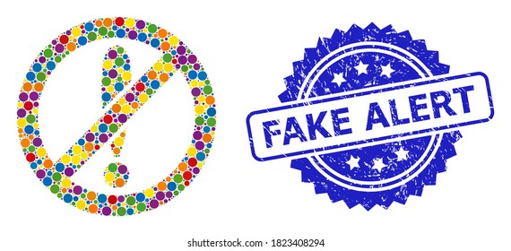 Mosaico de color brillante prohibido exclamación, y sello de rosette rayado por Fake Alert. El sello azul contiene el título Fake Alert dentro de la rosette.