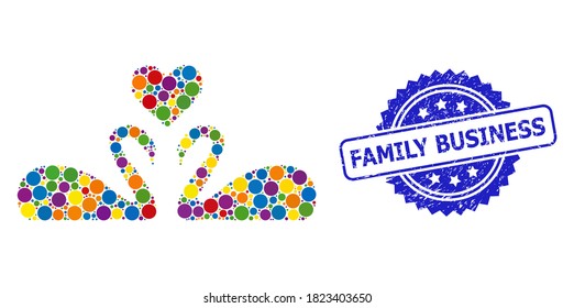 Bright colored mosaic love swans, and Family Business grunge rosette stamp seal. Blue stamp seal contains Family Business title inside rosette.