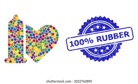 Bright colored mosaic safe love, and 100 percents Rubber grunge rosette stamp seal. Blue stamp seal has 100 percents Rubber caption inside rosette.
