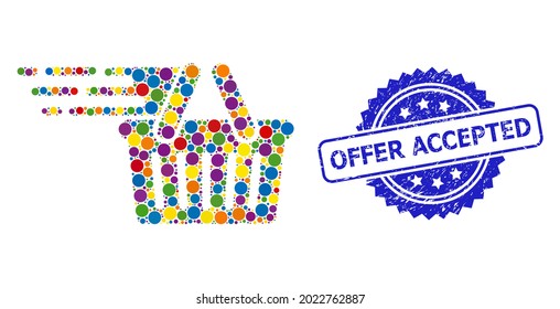 Bright colored mosaic shopping basket, and Offer Accepted scratched rosette stamp seal. Blue stamp seal has Offer Accepted caption inside rosette.