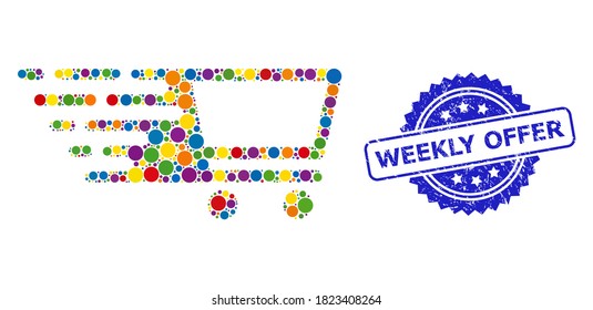 Bright colored mosaic shopping cart, and Weekly Offer corroded rosette seal imitation. Blue seal contains Weekly Offer text inside rosette.
