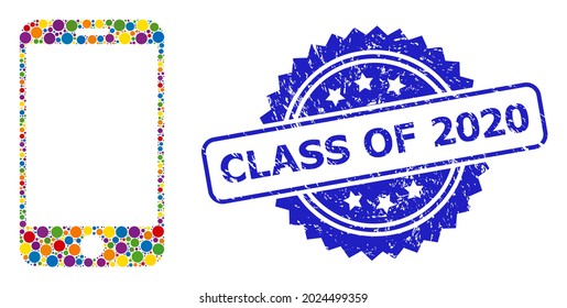 Bright colored mosaic smartphone, and Class of 2020 dirty rosette seal print. Blue seal includes Class of 2020 caption inside rosette.