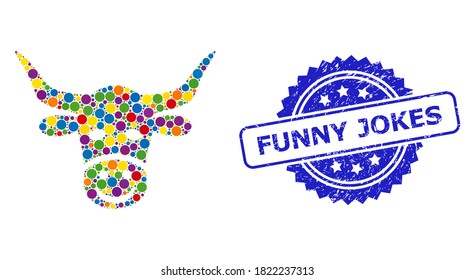 Bright colored mosaic smiled cow head, and Funny Jokes dirty rosette stamp seal. Blue stamp seal contains Funny Jokes title inside rosette.