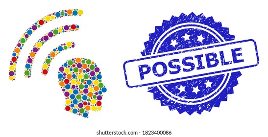 Bright colored mosaic telepathy waves, and Possible dirty rosette seal imitation. Blue stamp seal has Possible title inside rosette.