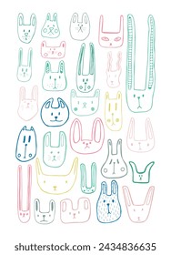 Bright colored muzzles of hares and cats. Stickerpack. Set of little animals isolated on white background. Vector illustration