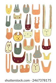 Bright colored muzzles of hares and cats. Stickerpack. Set of little animals isolated on white background. Vector illustration